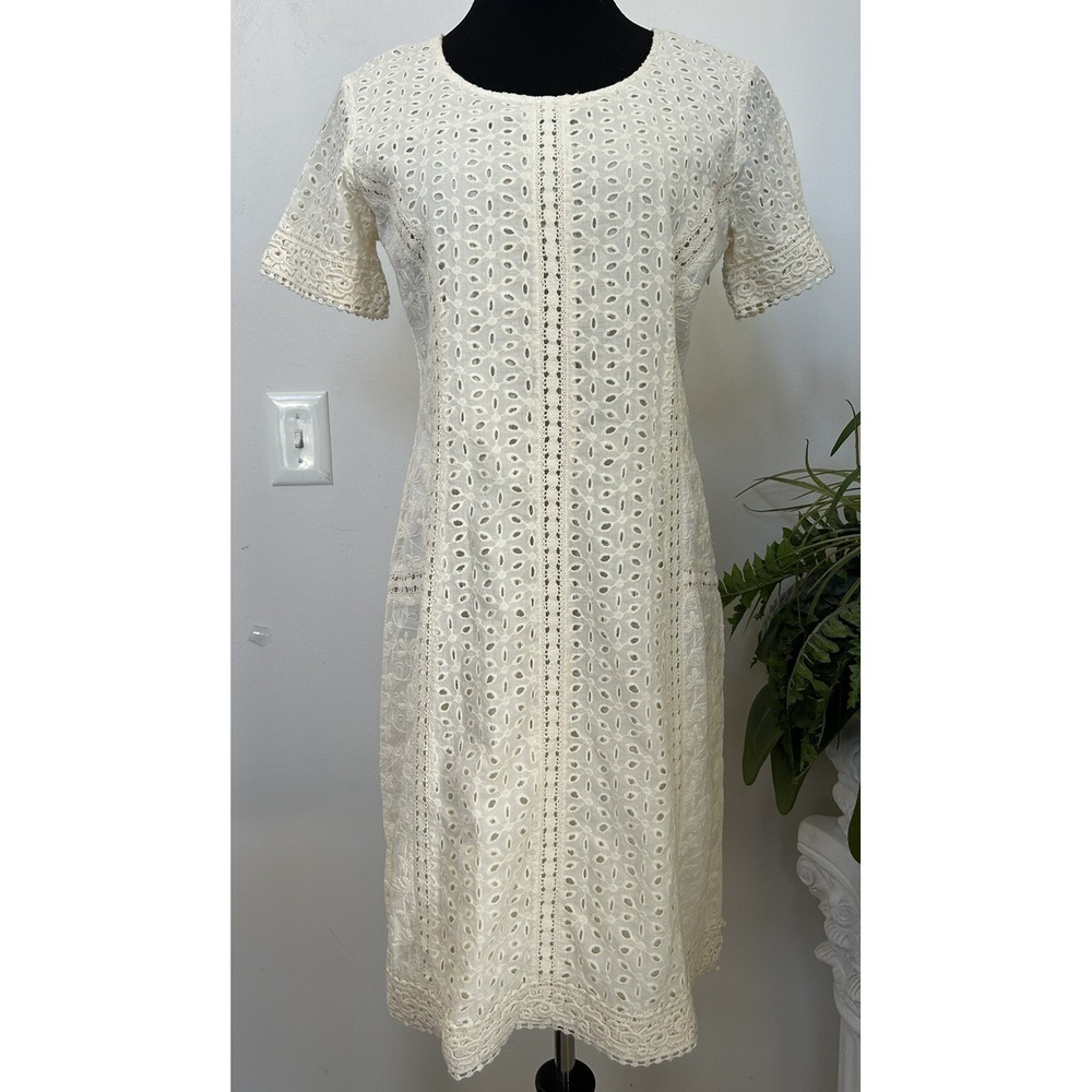 SUNDANCE Women's Eyelet Lace Yellow Embroidery Midi Dress Lined Shortsleeve 10